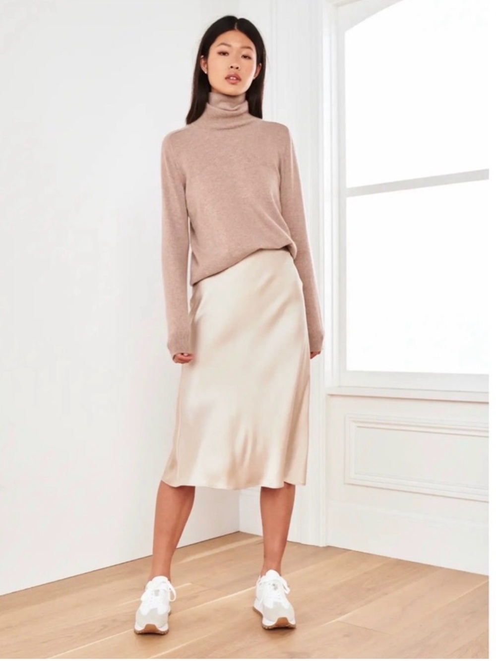 Quince Washable Silk Midi Slip Skirt in Champagne